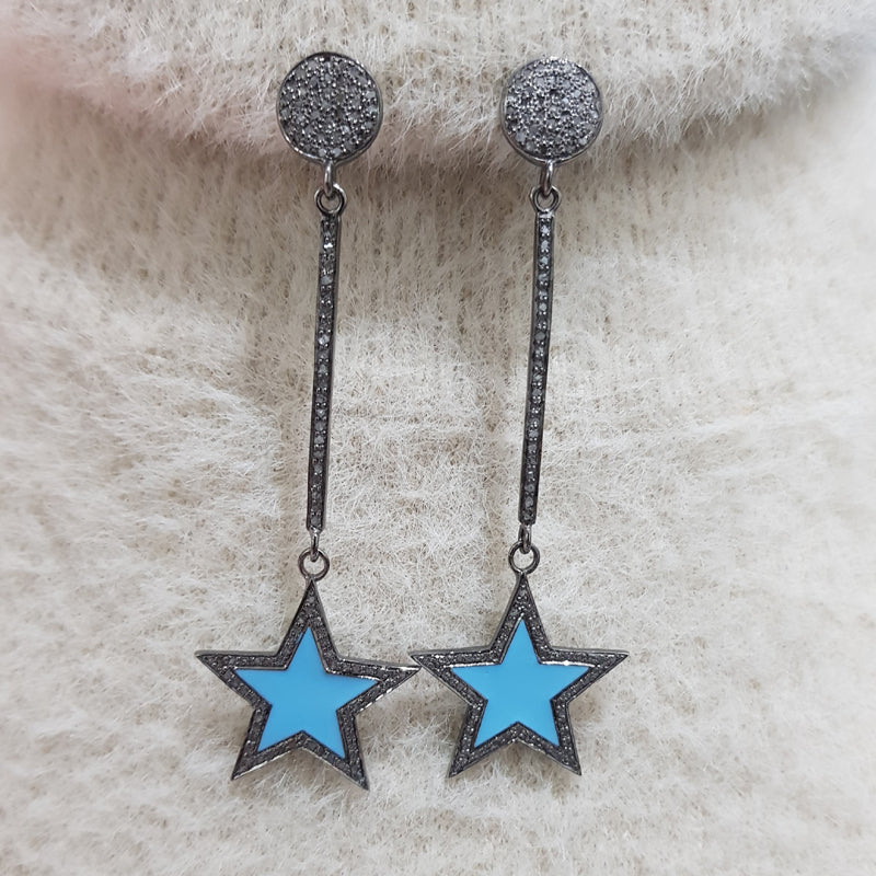 Twilight Sparkle Danglers, Long Hanging Star Designer Pave Diamond Earrings, Silver Jewelry