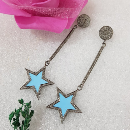 Twilight Sparkle Danglers, Long Hanging Star Designer Pave Diamond Earrings, Silver Jewelry