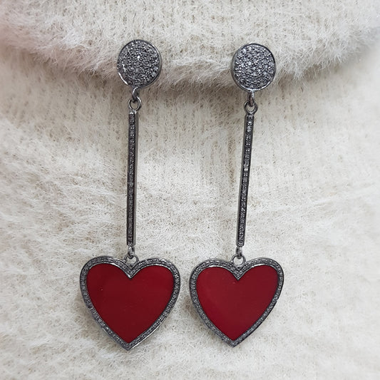 Red Enamel Gorgeous Heart Designer Earrings With pave Layers, Stylish heart Earrings, Silver Jewelry