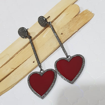 Red Enamel Gorgeous Heart Designer Earrings With pave Layers, Stylish heart Earrings, Silver Jewelry