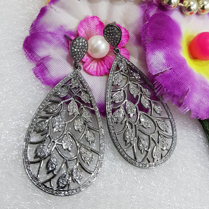 Beautiful Designer Pave Diamond Handmade 925 Sterling Silver Leaf Earrings, Gift For Lady