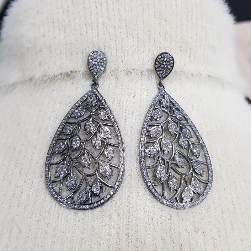 Beautiful Designer Pave Diamond Handmade 925 Sterling Silver Leaf Earrings, Gift For Lady