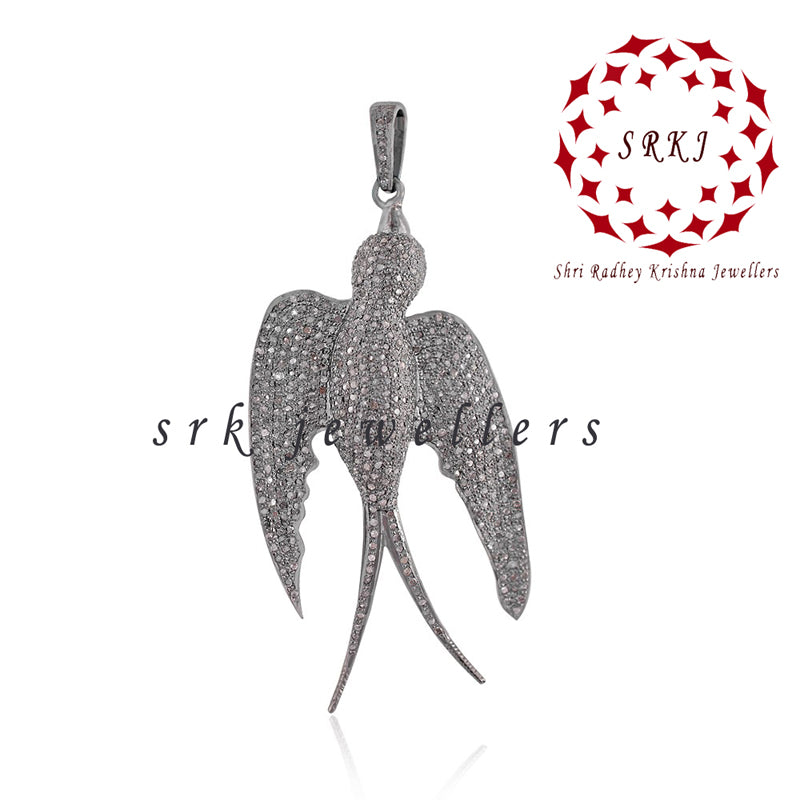 Fancy Pave Diamond Bird Pendant, Silver Bird Pendant