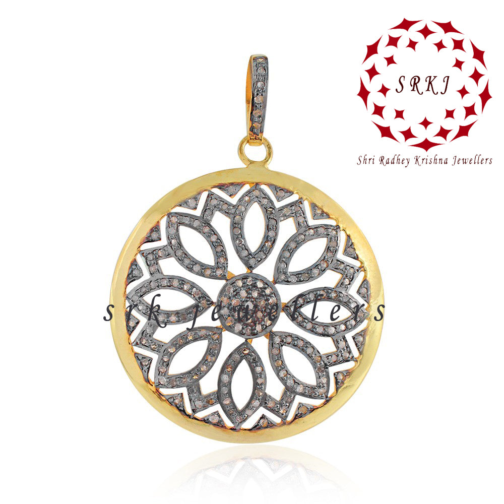 Round Pave Diamond Flower Pendant, Diamond Flower Pendant