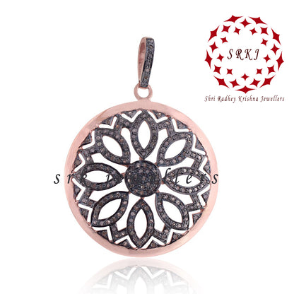 Round Pave Diamond Flower Pendant, Diamond Flower Pendant