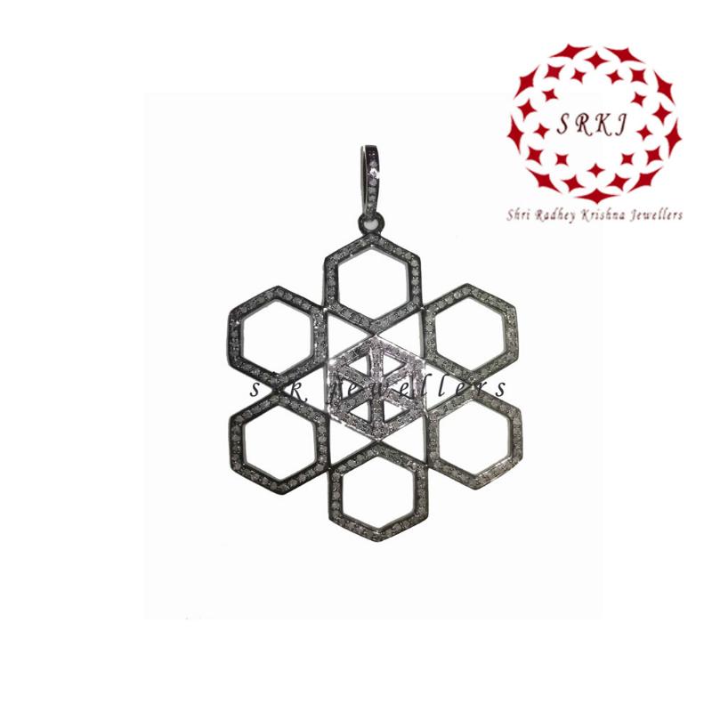 Stunning Silver Octagon Pendant With Pave Diamond. Black Octagon Pendant