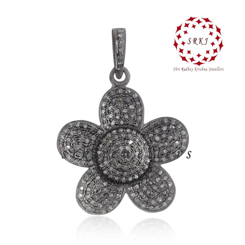 Handmade Design pave Diamond Flower Pendant, Beautiful Black Flower Pendant, Silver Jewelry