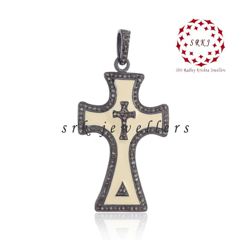 Gorgeous Enamel Cross Pendant, Stylish Cross Pendant, Silver Jewelry