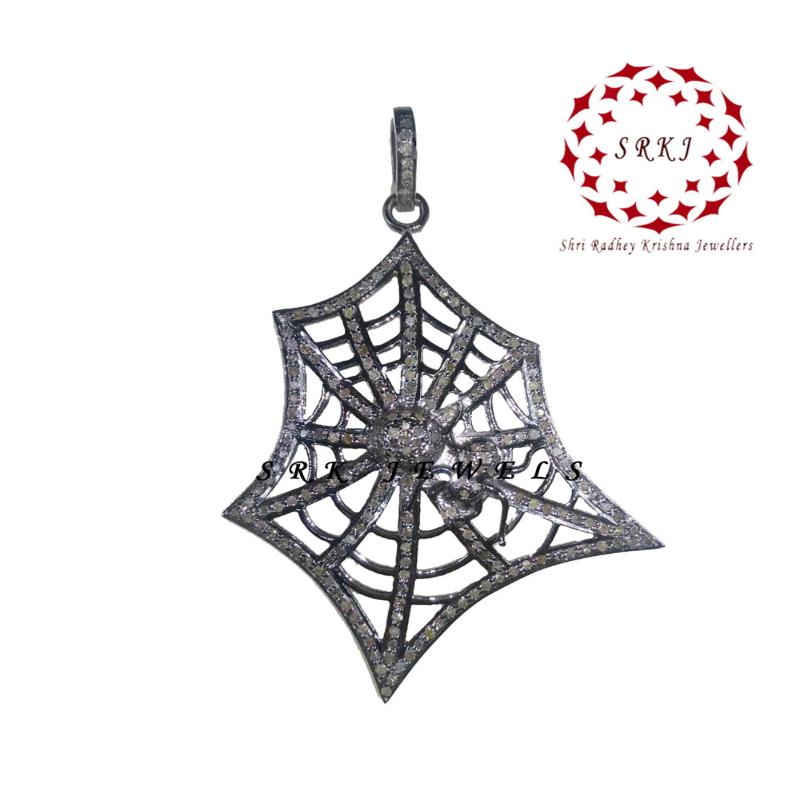 Spider Web Pendant, Attractive Spider Web Pendant, 925 Sterling Silver Pendant With Pave Diamond