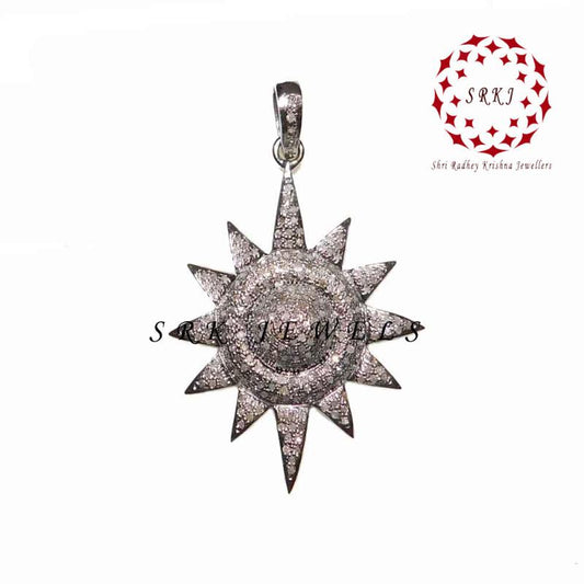 Handmade Designer 925 Sterling Silver Pave Diamond Sunburst Pendant, Unique Sunburst Pendant