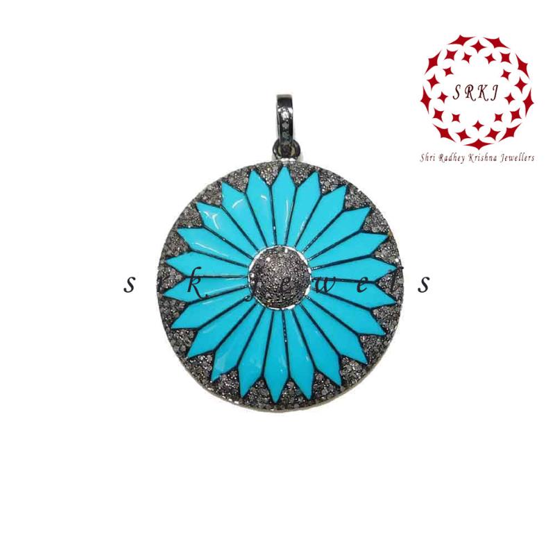 Turquoise Enamel Round Handmade Designer Beautiful Pendant, Round Flower Enamel Pendant, Silver Jewelry