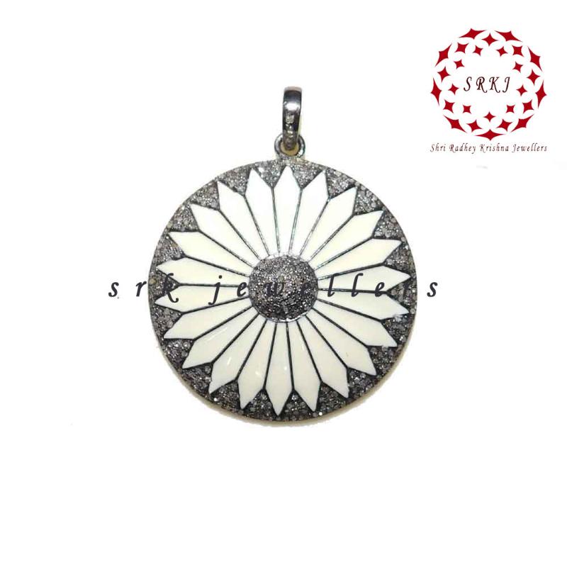 Turquoise Enamel Round Handmade Designer Beautiful Pendant, Round Flower Enamel Pendant, Silver Jewelry