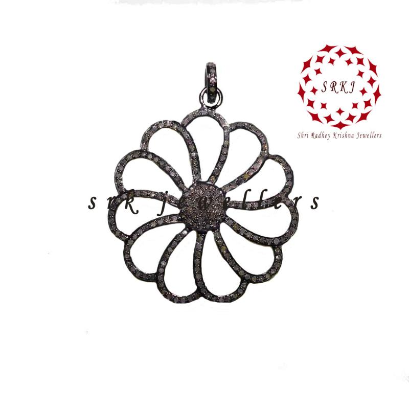 Pave Diamond Handmade Designer Flower Style Pendant, Stunning Flower Pendant, Silver Jewelry