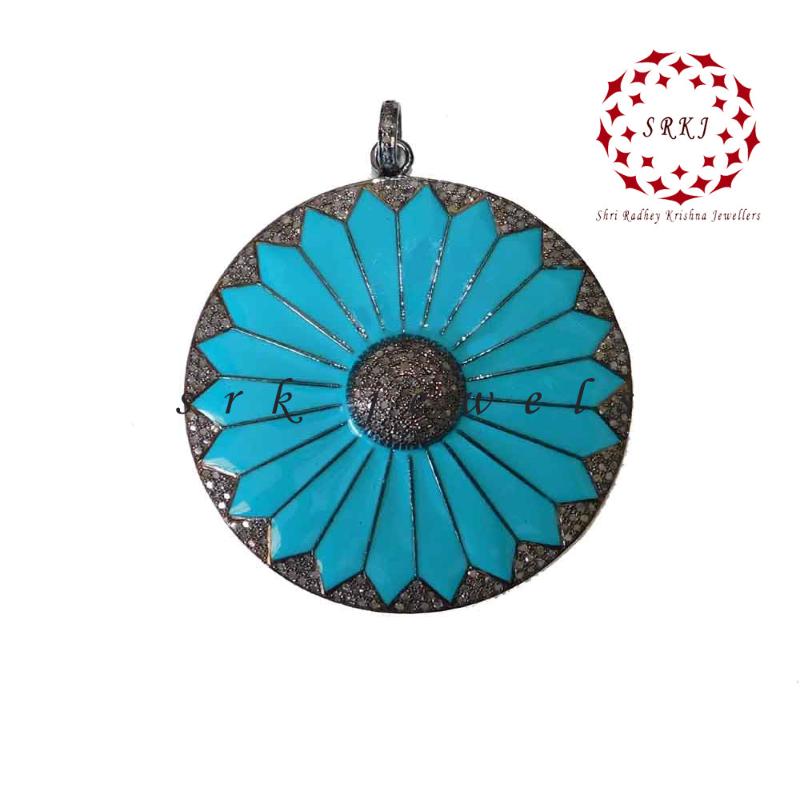 Round 925 Sterling Silver Handmade Pave Diamond Turquoise Enamel Flower Pendant, Anniversary Gift