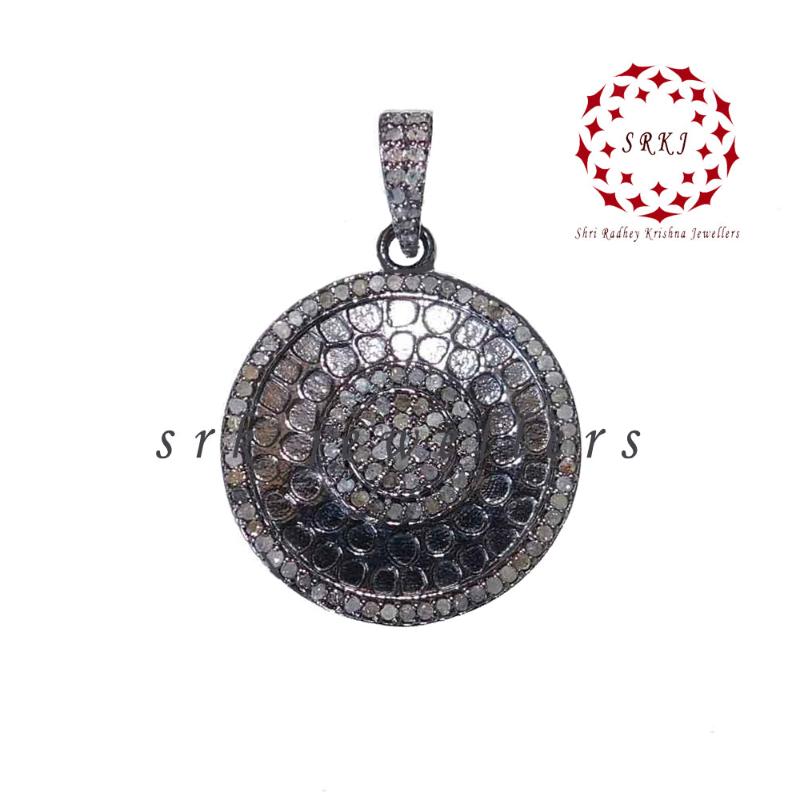 Pave Diamond Fancy Round Handmade Designer Disk Pendant, Minimalist Disk Pendant, Silver Jewelry