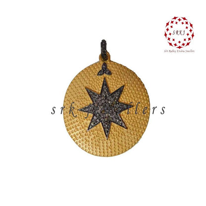 Yellow And Black Round Disk Handmade Designer Pave Diamond Star Pendant, Disk Round Handmade Pendant, Silver Jewelry