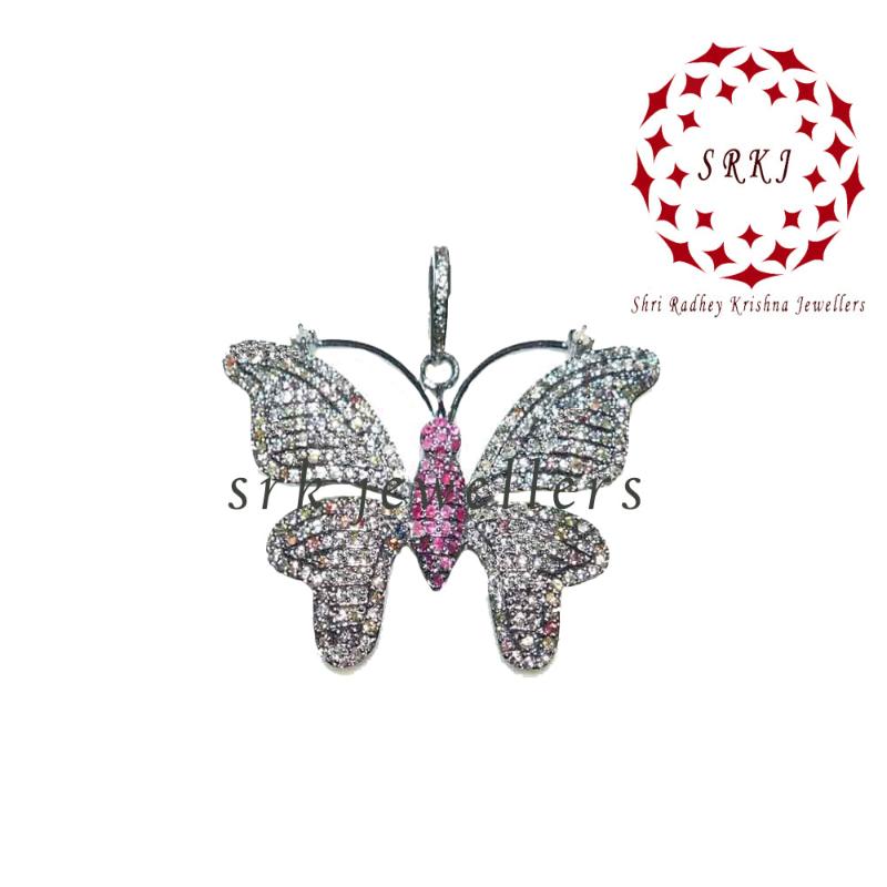 Pave Diamond & Ruby Stone Butterfly Pendant, Stunning Butterfly Pendant, Something Deferent Gift For Girlfriend