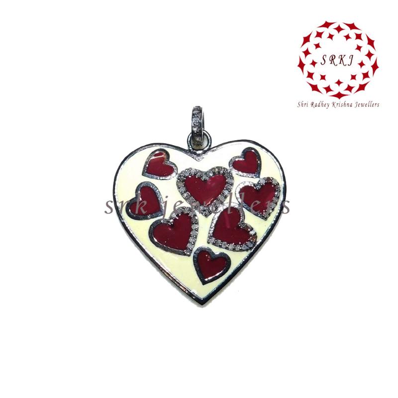 Cream & Red Enamel Heart Pendant With Pave Diamond Layers, Gift For Lovers, Special Occasion Gift, Valentine's Day Gift