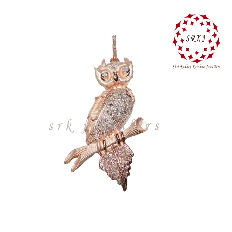 925 Sterling Silver Pave Diamond Owl Pendant, Animal Owl Pendant, silver Pendant