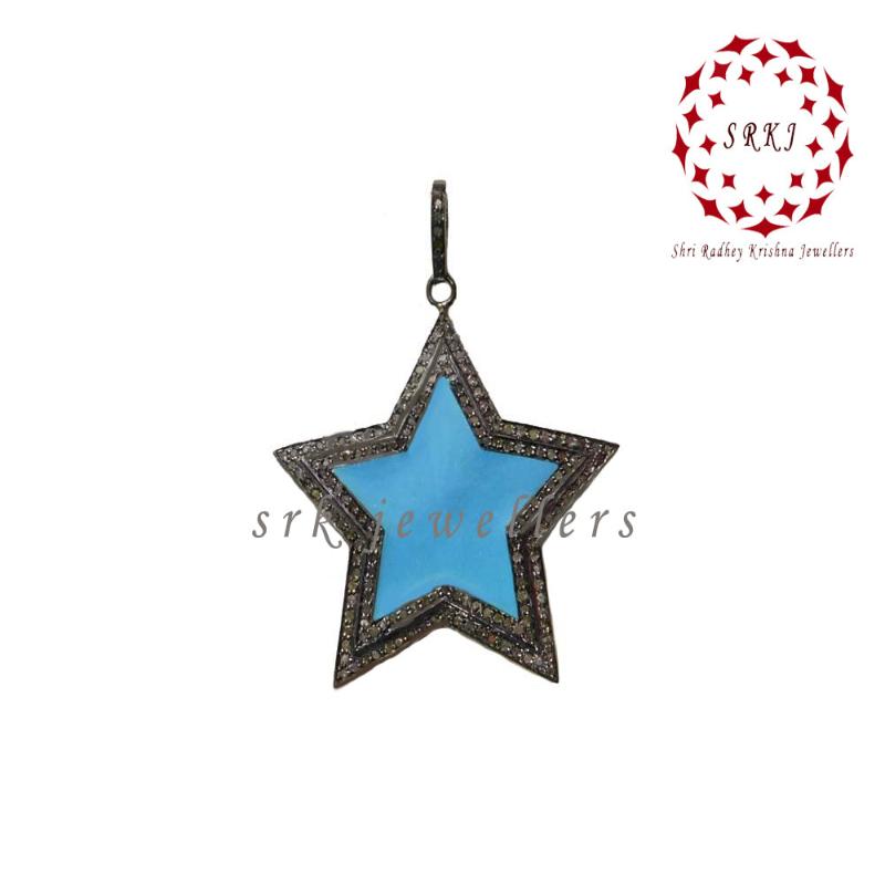 Cream & Turquoise Enamel Star Pendant,  two Color Star Pendant, Silver Jewelry