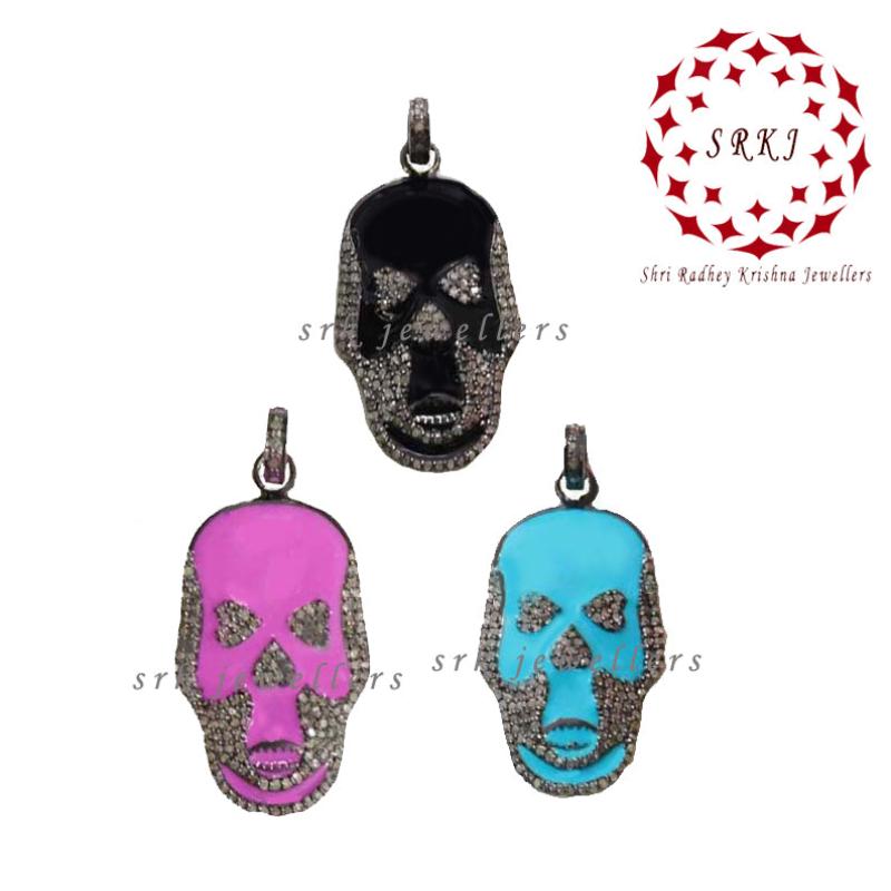 Pave Diamond Black, Pink & Turquoise Enamel Skull Pendant, Enamel Skull Pendant, Silver Pendant