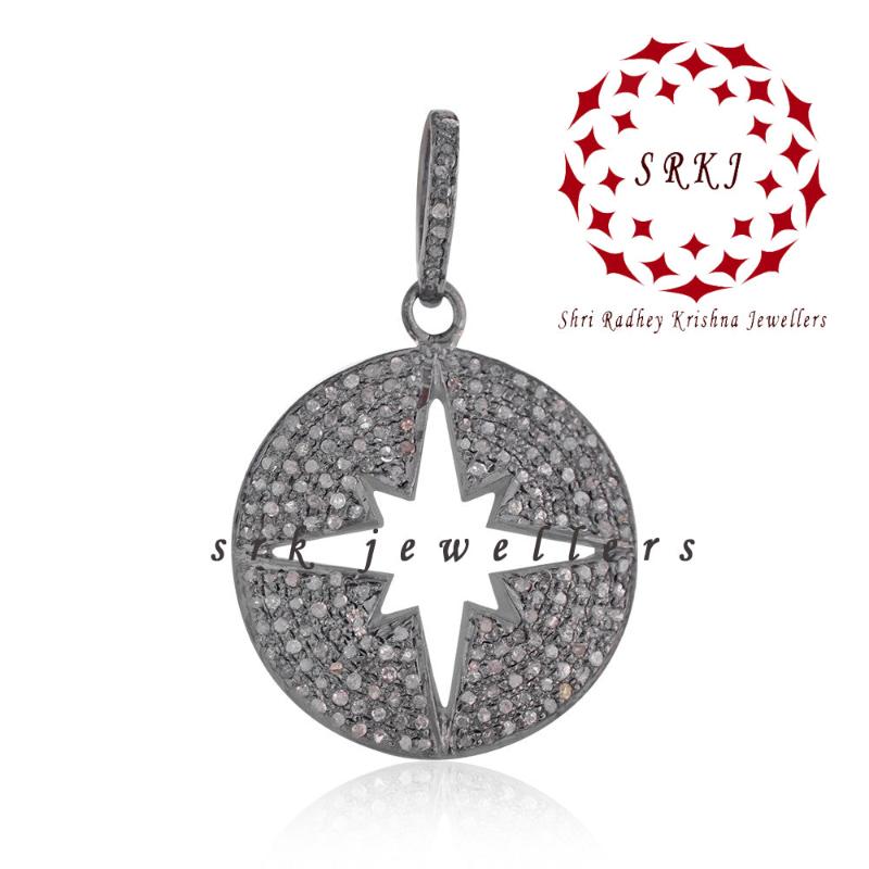 Natural pave diamond 925 Sterling Silver Starburst Pendant, Stunning Necklace, Silver Jewelry