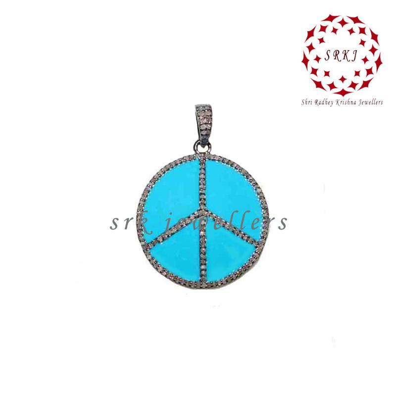 Turquoise Enamel Peace Pendant With pave Diamond Layers, Wedding Gift, Gift For Wife