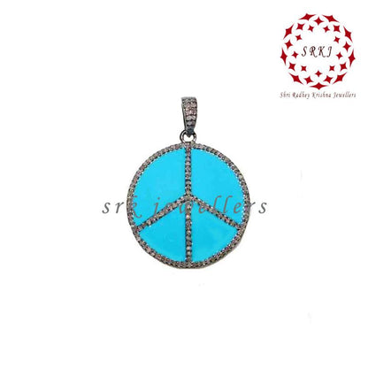 Turquoise Enamel Peace Pendant With pave Diamond Layers, Wedding Gift, Gift For Wife