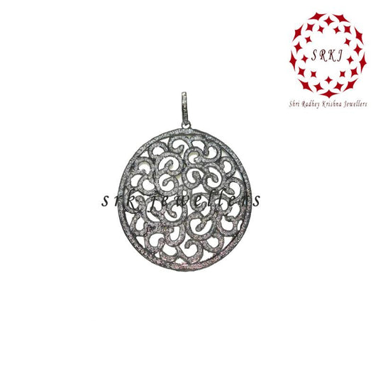 Round Fancy Designer Pave Diamond Pendant, 925 Sterling silver Pendant, Silver jewelry