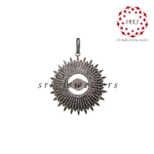 Stylish Fully Pave Diamond Evil Eye Sunburst Pendant, 925 Sterling Silver Pendant, Silver Jewelry