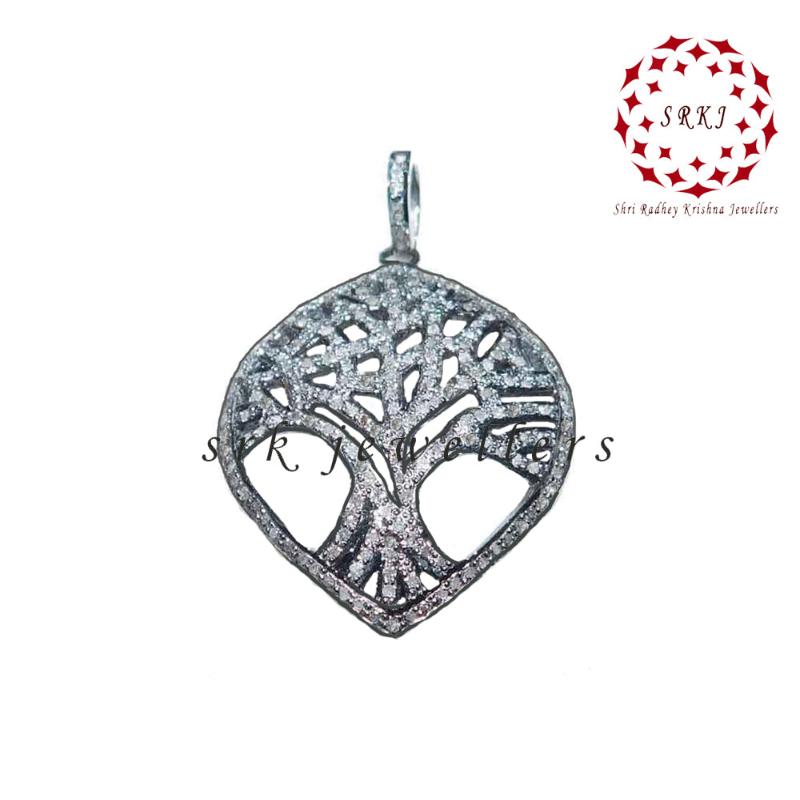 Handmade Designer Tree Pendent With Pave Diamond Layers, Stunning Tree Pendant, Silver Jewelry