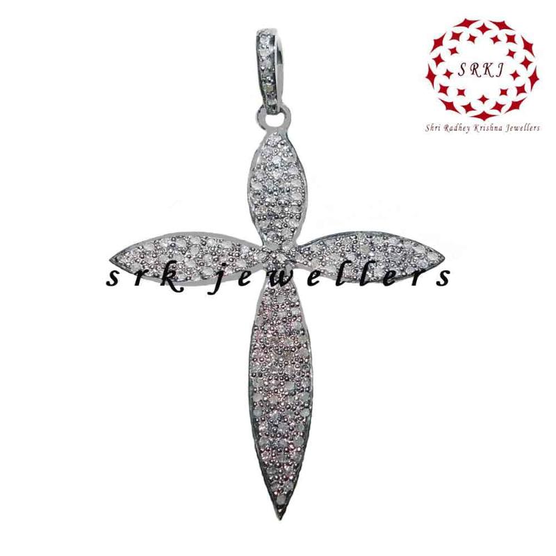 Stylish 925 Silver Pave Diamond Handmade Leaf Cross Design Fancy Pendant, Christmas Gift