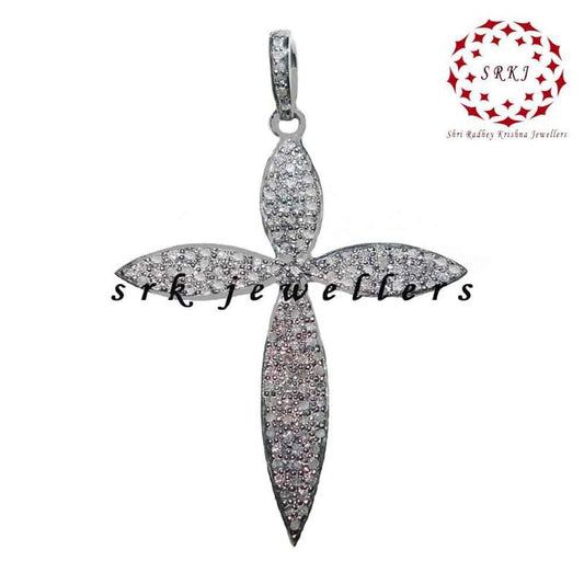 Stylish 925 Silver Pave Diamond Handmade Leaf Cross Design Fancy Pendant, Christmas Gift