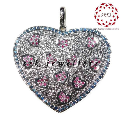 Handmade Designer Pave Diamond Ruby And Sapphire Stone Heart Pendant, Beautiful Love Heart Pendant, Gift For Lover