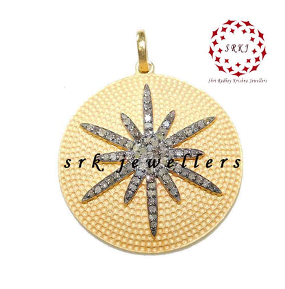 Round Disk 925 Sterling Silver Yellow Matte Finish Sunburst Pendant, Silver Pendant