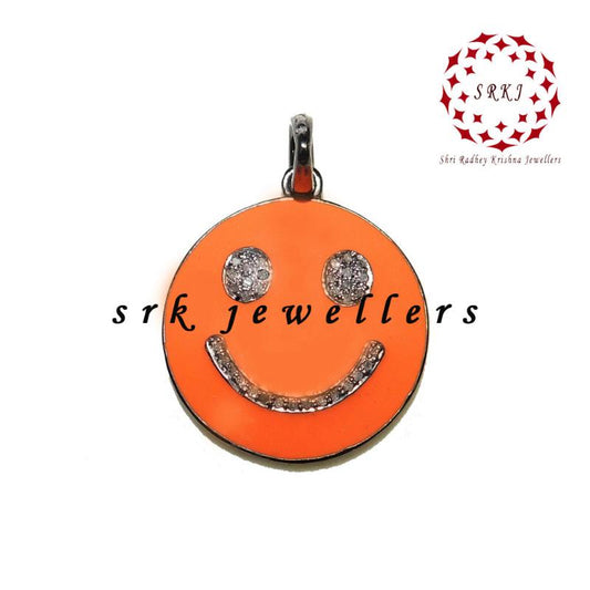 Natural Pave Diamond Emoji Pendant With Orange Enamel, Silver Jewelry, Birthday Gift