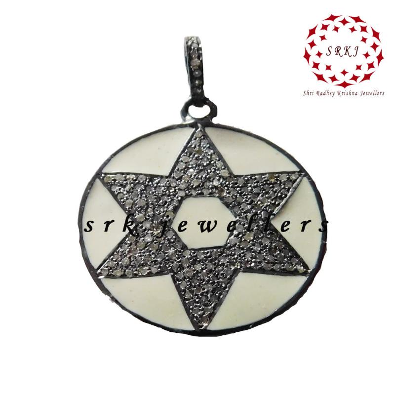 Cream Enamel Starburst Pendant In Round Disk With Pave Diamond Layers, Silver Pendant, Gift For Her