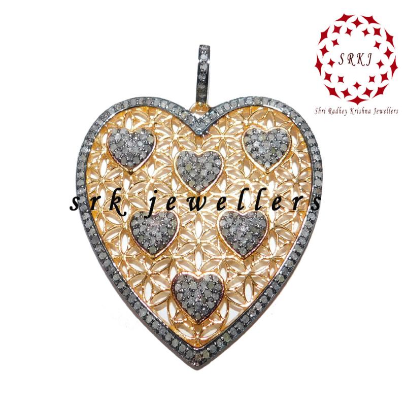 Handmade Designer Yellow And Black Pave Diamond Heart Pendant, 925 Sterling Silver Jewelry