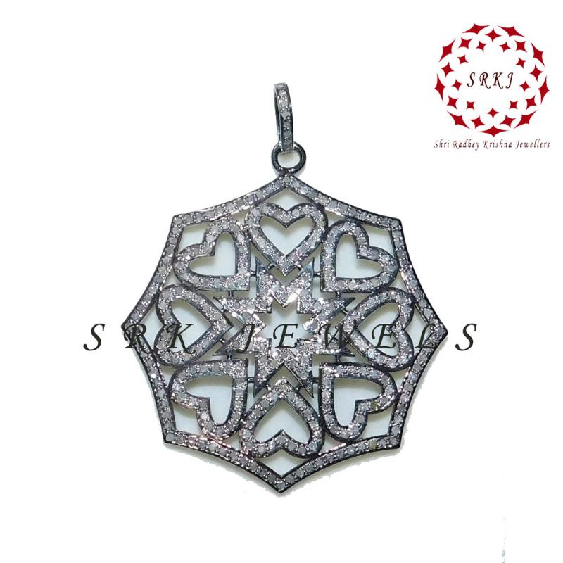 Fancy Designer Pave Diamond Joined Heart With Star Pendant, 925 Sterling Silver Pendant