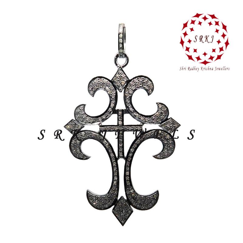 925 Solid Sterling Silver Handmade Pave Diamond Fancy Cross Pendant, Natural Designer Pendant, Christmas Gift