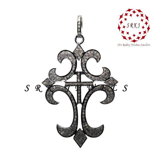 925 Solid Sterling Silver Handmade Pave Diamond Fancy Cross Pendant, Natural Designer Pendant, Christmas Gift