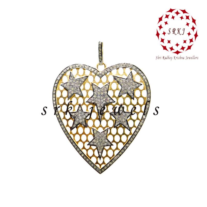 Yellow & Black Small Star on Heart Pendant With Pave Diamond, Attractive Heart Pendant, Gift For Lover