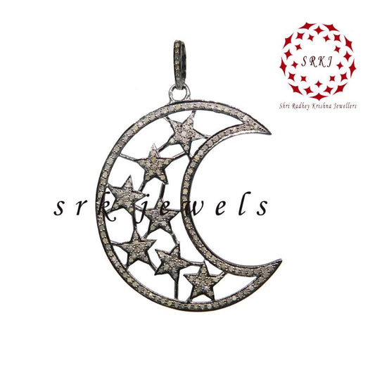 925 Sterling Silver Pave Diamond Moon Star Pendant, Half Moon Necklace, Gift For Someone