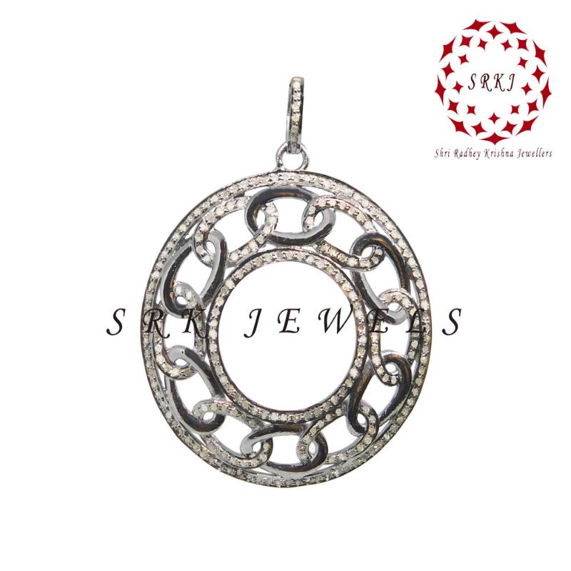 Chain Style Fancy Designer Pave Diamond Silver Pendant, Round Fancy Necklace, Gift For Someone