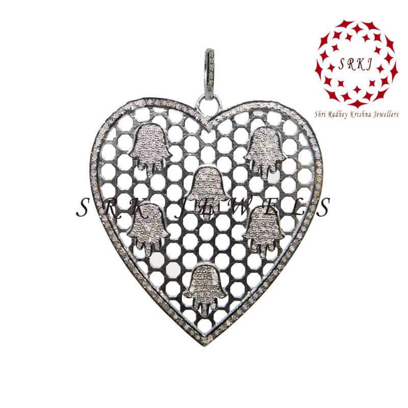 Glorious Heart With Little Pave Hamsa hand Pendant, 925 Sterling Silver Pendant, Gift For Lovers