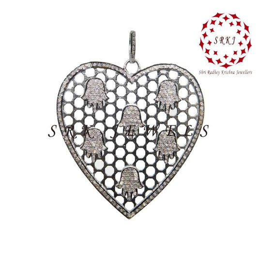 Glorious Heart With Little Pave Hamsa hand Pendant, 925 Sterling Silver Pendant, Gift For Lovers