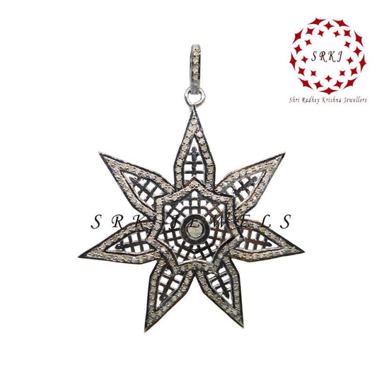 Flower Style Pave Diamond 925 Sterling Silver Pendant, Black Stunning Flower Pendant, Silver Jewelry