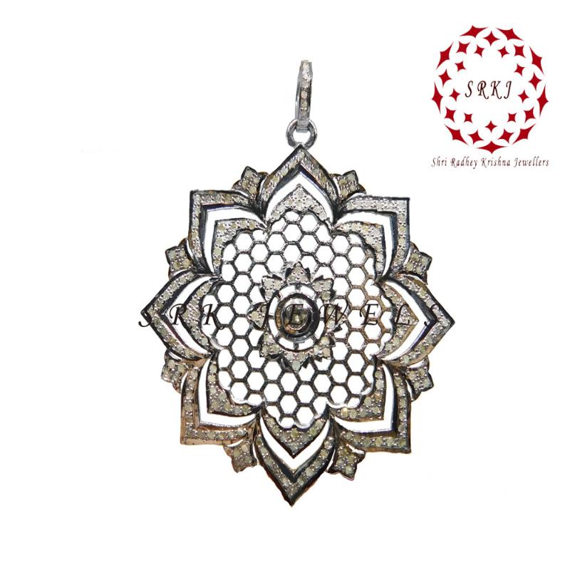 Natural Pave Diamond Handmade 925 Sterling Silver Flower style Pendant, Silver Jewelry