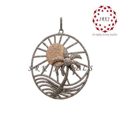 925 Sterling Silver Rose Gold Sun & Coconut Tree Beach Style Unique Pendant, Silver Jewelry