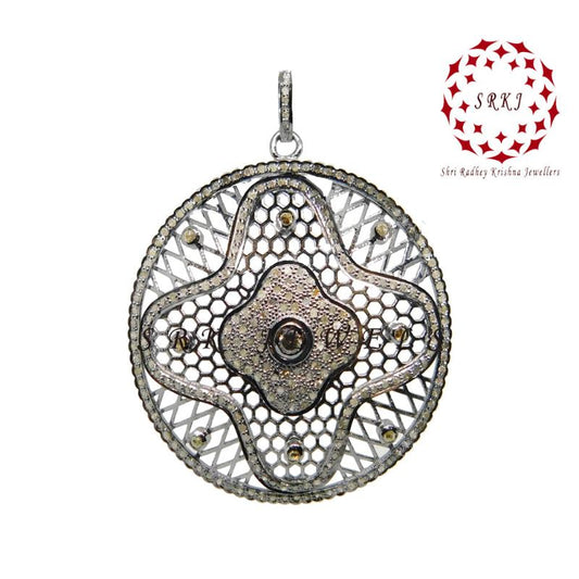 Round Designer Natural Pave Diamond Fancy Pendant, Silver Jewelry